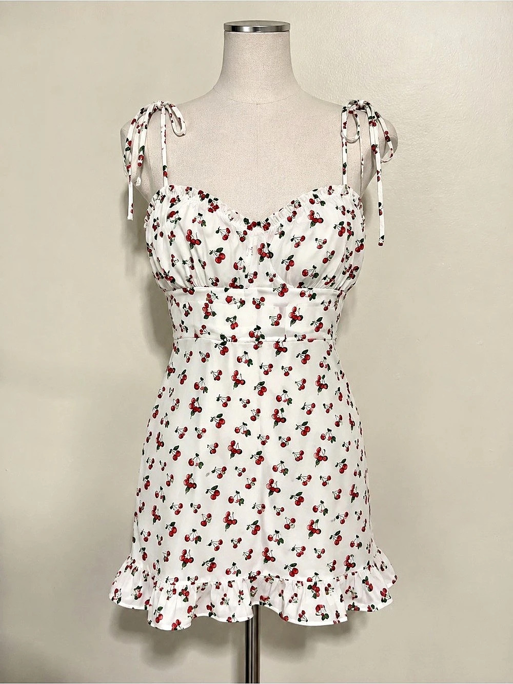 Abercrombie & Fitch Cherry Print Smocked Mini Sundress White & Red Small